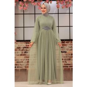 Neva Style 54230MINT Tüllü Mint Tesettür Abiye Elbise