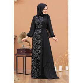 Neva Style 5516GMS Şifon Detaylı Pul Payet Gümüş Tesettür Abiye Elbise