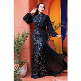 Neva Style 5516GMS Şifon Detaylı Pul Payet Gümüş Tesettür Abiye Elbise