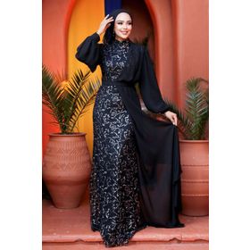 Neva Style 5516GMS Şifon Detaylı Pul Payet Gümüş Tesettür Abiye Elbise