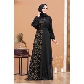 Neva Style 5516GOLD Şifon Detaylı Pul Payet Gold Tesettür Abiye Elbise