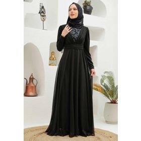 Neva Style 56280GMS Pul Payet Detaylı Gümüş Tesettür Abiye Elbise