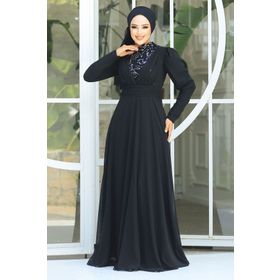 Neva Style 56280GMS Pul Payet Detaylı Gümüş Tesettür Abiye Elbise