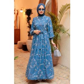 Neva Style 56832IM Çiçek Desenli İndigo Mavisi Tesettür Elbise