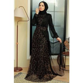 Neva Style 5696GOLD Pul Payet İşlemeli Gold Tesettür Abiye Elbise