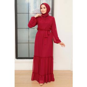 Neva Style 5726BR Kat Piliseli Bordo Tesettür Elbise