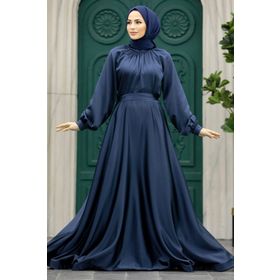 Neva Style 5758L Saten Lacivert Tesettür Abiye Elbise