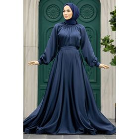 Neva Style 5758L Saten Lacivert Tesettür Abiye Elbise