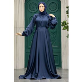 Neva Style 5758L Saten Lacivert Tesettür Abiye Elbise