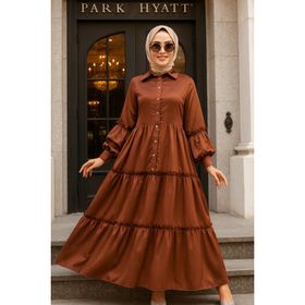Neva Style 5884KH Kat Piliseli Kahverengi Tesettür Elbise