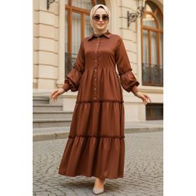 Neva Style 5884KH Kat Piliseli Kahverengi Tesettür Elbise