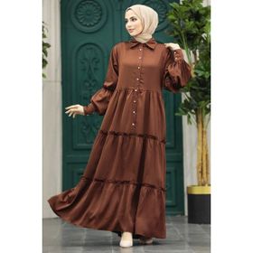 Neva Style 5884KH Kat Piliseli Kahverengi Tesettür Elbise