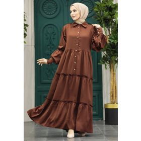 Neva Style 5884KH Kat Piliseli Kahverengi Tesettür Elbise