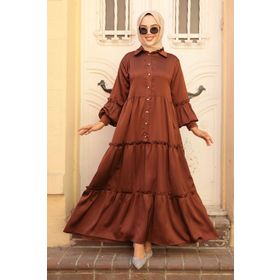 Neva Style 5884KH Kat Piliseli Kahverengi Tesettür Elbise