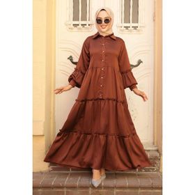 Neva Style 5884KH Kat Piliseli Kahverengi Tesettür Elbise