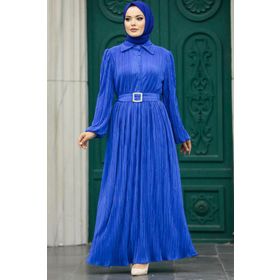 Neva Style 5936IM Tokalı Kemerli İndigo Mavisi Tesettür Elbise