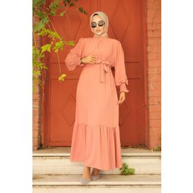 Neva Style 5972SMN Etek Ucu Volanlı Somon Tesettür Elbise