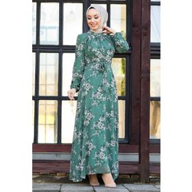 Neva Style 81390Y Çiçek Desenli Yeşil Tesettür Elbise