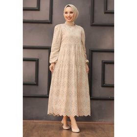 Neva Style AF-1073 Kol Ucu Lastikli Bej Tesettür Elbise