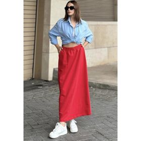 New Laviva Beli Lastikli Rahat Kalıp Cepli Uzun Kırmızı Kadın Tunik