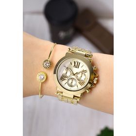 Newera Watch NWKK041156 Altın Rengi Kadın Kol Saati ve Bileklik Seti