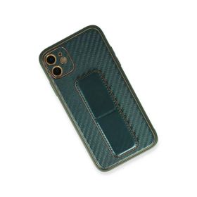 Newface iPhone 12 Kılıf Coco Karbon Standlı Kapak Yeşil Cep Telefonu Kılıfı