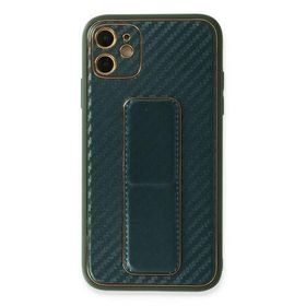 Newface iPhone 12 Kılıf Coco Karbon Standlı Kapak Yeşil Cep Telefonu Kılıfı