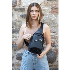 Newish Polo 1050 Unisex Siyah Deri Kulaklık Çıkışlı Çapraz Askılı Bel Omuz Çantası