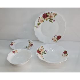 Newore Kırmızı Beyaz Gül Desen Opal 24 Parça 6 Kişilik Yemek Takım