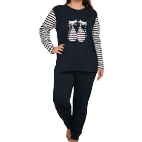 Nicoletta Lacivert Uzun Kollu Cepli Pamuk Kadın Pijama Takımı