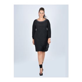 Nidya Moda 4001S Siyah Büyük Beden Taşlı Kayık Yaka Zambak Kol Abiye Kadın Elbise
