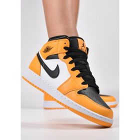 Nike Air Jordan 1 Mid Leather Sneaker Bilekli Hakiki Deri Siyah Sarı Beyaz Kadın Spor Ayakkabı