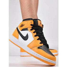 Nike Air Jordan 1 Mid Leather Sneaker Bilekli Hakiki Deri Siyah Sarı Beyaz Kadın Spor Ayakkabı