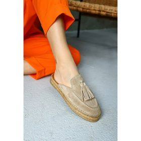Nilufarr Mouse Bej Süet Hakiki Deri Kadın Espadril Terlik