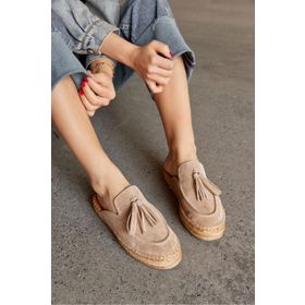 Nilufarr Mouse Bej Süet Hakiki Deri Kadın Espadril Terlik