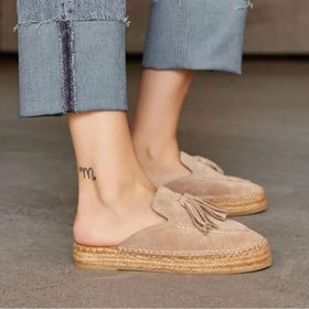 Nilufarr Mouse Bej Süet Hakiki Deri Kadın Espadril Terlik