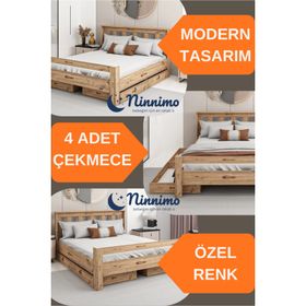 Ninnimo Arya Çift Kişilik 160x200 CM Yatak Uyumlu Çekmeceli Ceviz Karyola
