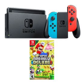 Nintendo Switch Neon Red Blue + Super Mario Bros U Deluxe