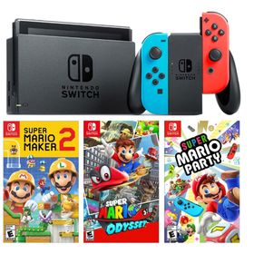 Nintendo Switch Neon Red Blue + Super Mario Maker 2 + Super Mario Odyssey + Super Mario Party