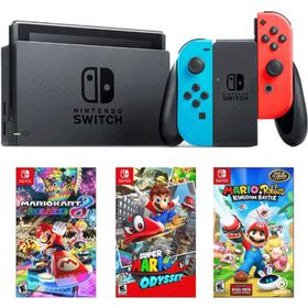 Nintendo Switch Neon Red Blue + Super Mario Odyssey + Mario Rabbids + Mario Card 8 Deluxe