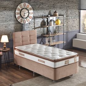 Niron Queen 90x190 cm Tek Kişilik Pedli Sütlü Kahve Kumaş Baza, Başlık Ve Yatak Takımı Seti