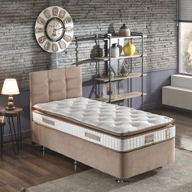 Niron Queen 90x190 cm Tek Kişilik Pedli Sütlü Kahve Kumaş Baza, Başlık Ve Yatak Takımı Seti