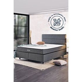 Niron Silver 150x200 CM Çift Kişilik Full Ortopedik Yatak Gri Keten Baza Başlık Seti