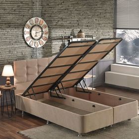 Niron Yatak 160x200 cm Polo Sütlü Kahve Soho Kumaş Çift Kişilik Baza ve Başlık Seti