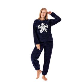 Nisanca Desenli Tam Peluş Kışlık Yılbaşı Lacivert Kadın Pijama Takımı