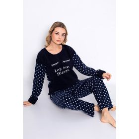 Nisanca Kışlık Polar Yılbaşı Pijaması Lacivert Kadın Pijama Takımı