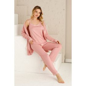 Nisanca Sabahlıklı Dantel Detaylı Pegasus Çeyizlik Pudra Kadın Pijama Takımı