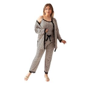 Nisanca Sabahlıklı Dantel Detaylı Pegasus Kadın Çeyizlik Takım Leopar Pijama Takımı