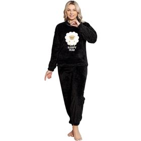 Nisanca Siyah Desenli Tam Peluş Kışlık Yılbaşı Kadın Pijama Takımı