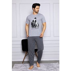 Nisanca Yazlık Kısa Kol %100 Pamuk Gri Erkek Pijama Takımı